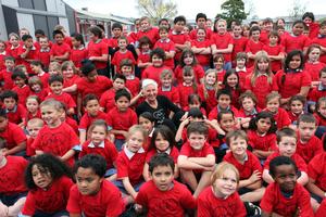Deborah Kelland with Woolston Primary students